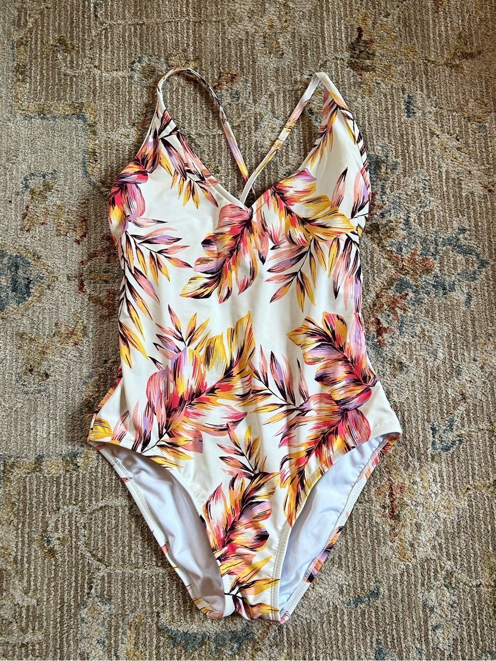 Kona Sol White One-Piece Swimsuit with Pink & Yellow Leaf Print